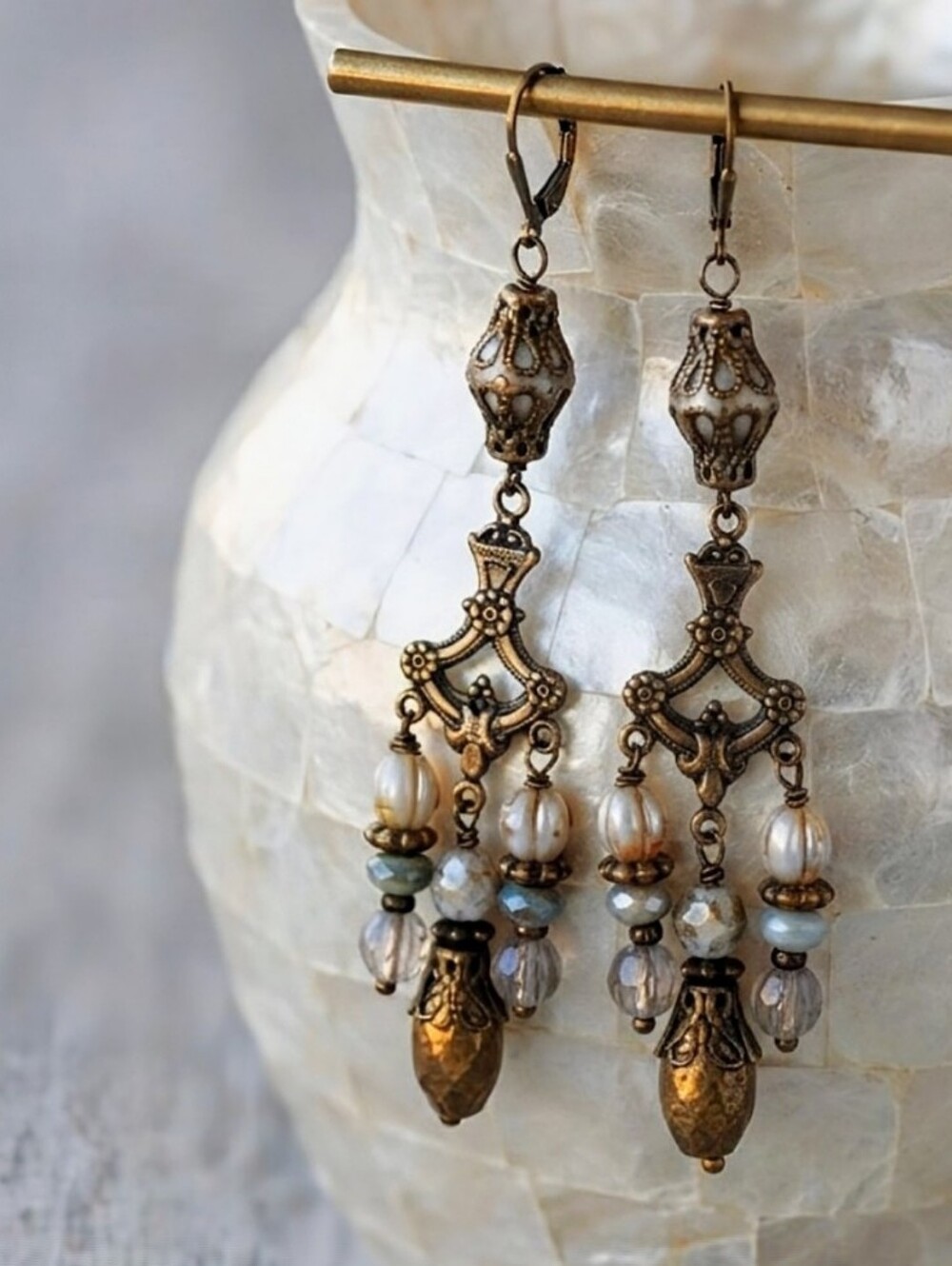 Victorian Rustic White & Gold W/ White Opal AB Crystal In Brass Earrings